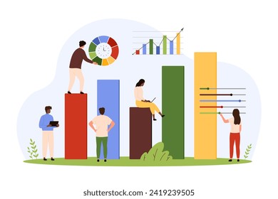 Marketing research and data optimization, service customization. Tiny people control sliders and chart bars interface buttons to optimize SEO system, filter settings cartoon vector illustration