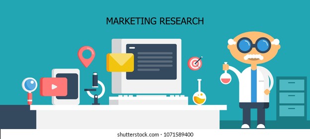 Marketing research, digital marketing, strategy development flat vector illustration with elements on dark background