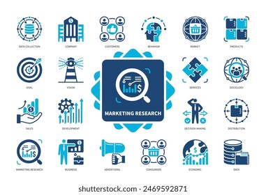 Conjunto de iconos Investigación de marketing. Ventas, Visión, Comportamiento, Sociología, Distribución, Recolección de Datos, Consumidores, Publicidad. Iconos sólidos de color de duotono