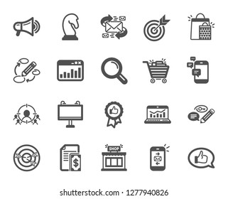 Marketing, research icons. Set of Strategy target, Feedback, Advertisement campaign icons. Research marketing, Communication and Keywords. Chess Knight, Target, Mail. Business strategy. Vector