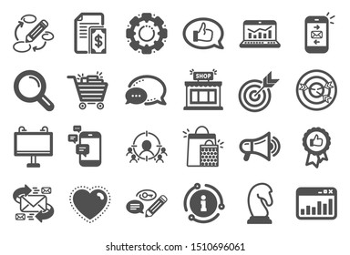 Marketing, research icons. Set of Strategy target, Feedback, Advertisement campaign icons. Research marketing, Communication and Keywords. Chess Knight, Target, Mail. Business strategy. Vector