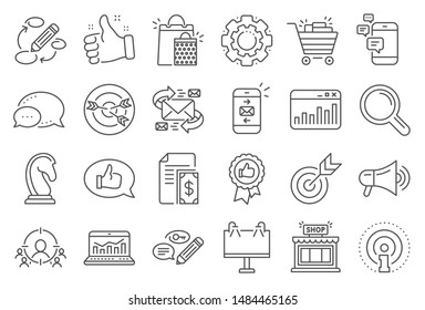 Marketing, research line icons. Set of Strategy target, Feedback, Advertisement campaign icons. Research marketing, Communication and Keywords. Chess Knight, Target, Mail. Business strategy. Vector