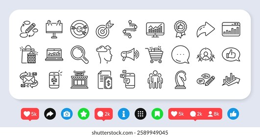 Marketing, research line icons. Social media: share, comment, like icons. Set of Feedback, Strategy target, Advertisement campaign icons. Research marketing, Communication and Keywords. Vector