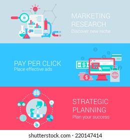 Marketing research pay per click advertisement strategic planning concept flat icons set vector web banners illustration print materials website click infographics elements collection