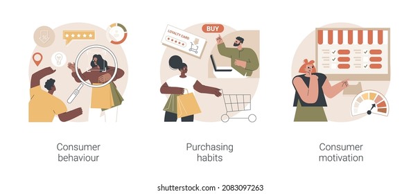 Marketing research service abstract concept vector illustration set. Consumer behaviour, purchasing habits, consumer motivation, shopping sale growth strategy, targeting strategy abstract metaphor.