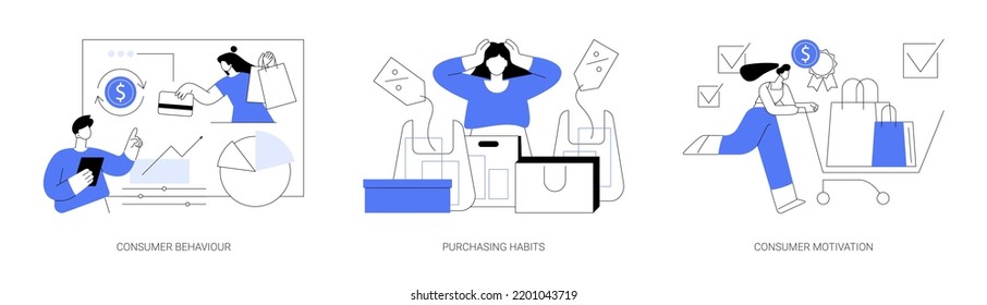 Marketing research service abstract concept vector illustration set. Consumer behaviour, purchasing habits, consumer motivation, shopping sale growth strategy, targeting strategy abstract metaphor.