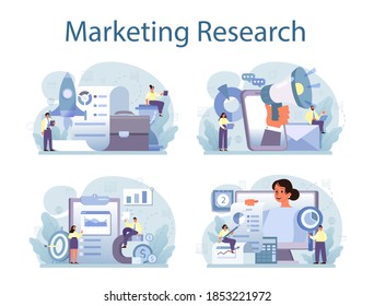 Marketing research set. Statistics analysis, marketing strategy development. Business promotion and product advertising. SEO and communucation through media. Isolated flat vector illustration