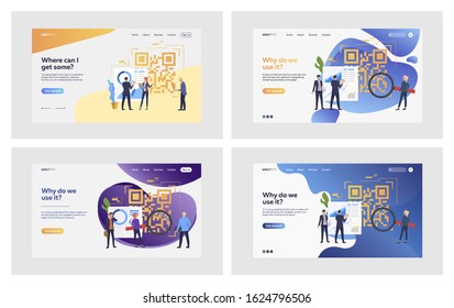 Marketing research set. Team with magnifier analyzing graph and QR code. Flat vector illustrations. Commerce, analysis, report concept for banner, website design or landing web page