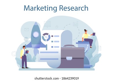 Investigación de marketing. Análisis estadístico, desarrollo de estrategias de marketing. Promoción de negocios y publicidad de productos. SEO y comunicación a través de los medios. Ilustración vectorial plana aislada