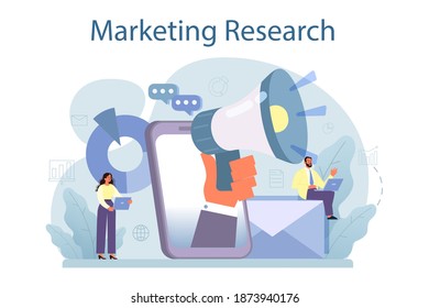 Marketing research. Statistics analysis, marketing strategy development. Business promotion and product advertising. SEO and communucation through media. Isolated flat vector illustration