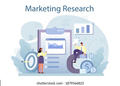 Marketing research. Statistics analysis, marketing strategy development. Business promotion and product advertising. SEO and communucation through media. Isolated flat vector illustration