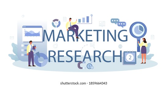 Encabezado tipográfico de investigación de marketing. Análisis estadístico, desarrollo de estrategias de marketing. Promoción de negocios y publicidad de productos. SEO y comunicación. Ilustración vectorial plana aislada