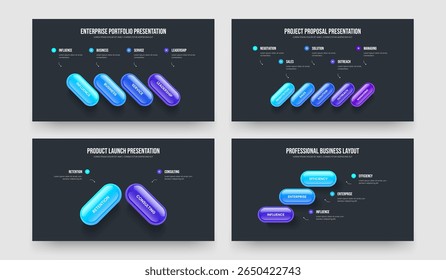 Marketing Review 4 5 2 3 Step Infographic Slideshow Layout Set. Corporate Showcase Four Five Two Three Element Diagram Slide Template Vector Illustration Collection.