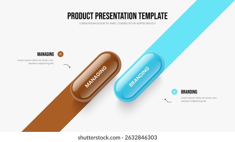 Marketing Review Two Element Diagram Slide Layout. Investor Showcase 2 Step Infographic Slideshow Design. Advertising Report Presentation Template Vector Illustration.