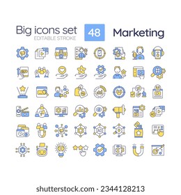 Marketing RGB color icons set. Business strategy. Brand development. Advertising campaign. Profit growth. Isolated vector illustrations. Simple filled line drawings collection. Editable stroke