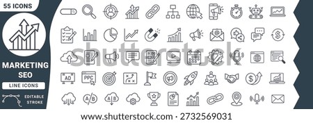 Marketing S E O line collection with growth chart line growth