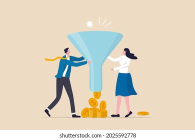 Marketing or sale funnel, conversion rate or customer buying product from advertising campaign, online ads or purchase rate concept, business people marketer holding funnel with flow of purchase money