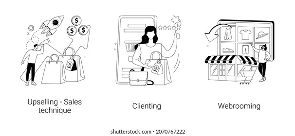 Conjunto de ilustraciones vectoriales de concepto abstracto de marketing y ventas. Upseller y clientela, webrooming e investigación de bienes digitales, motivación de clientes, fidelidad de clientes, metáfora abstracta de comercio electrónico.