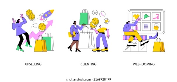 Marketing And Sales Abstract Concept Vector Illustration Set. Upselling And Clienting, Webrooming And Digital Goods Research, Customer Motivation, Client Loyalty, E-commerce Abstract Metaphor.