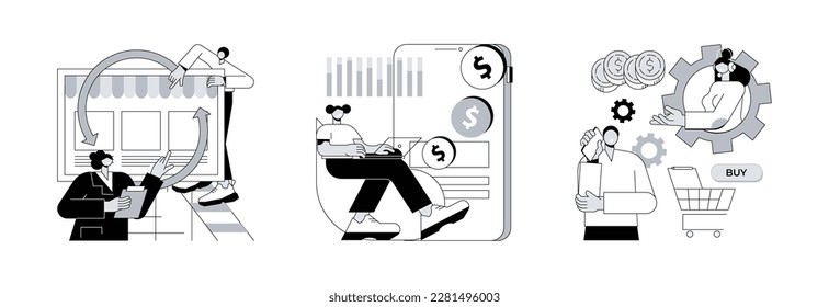 Conjunto de ilustraciones vectoriales de concepto abstracto de marketing y ventas. Servicio de entrega, marketing transaccional, ventas conversacionales, relación con el cliente, decisión de compra, metáfora abstracta de conversión.
