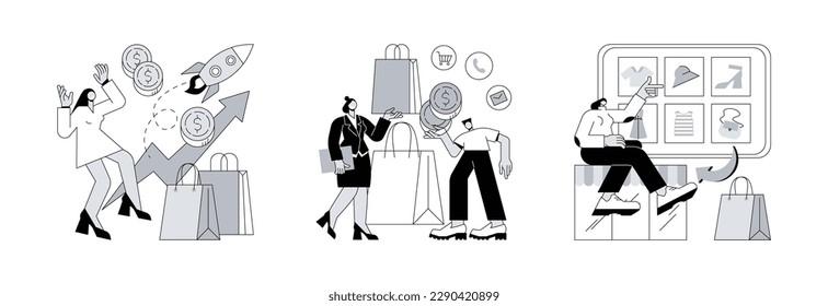 Marketing and sales abstract concept vector illustration set. Upselling and clienting, webrooming and digital goods research, customer motivation, client loyalty, e-commerce abstract metaphor.