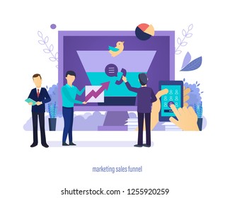 Marketing sales funnel. Sales funnel, marketing process of creation conversion, generating business leads, increasing conversion rate through SEO, e-business, money profit. Vector illustration.