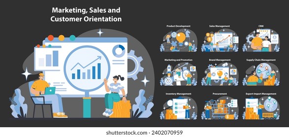 Marketing and Sales night or dark mode set. Comprehensive customer engagement strategies. Cross-functional business operations depicted. Data-driven decision-making illustration. vector illustration.