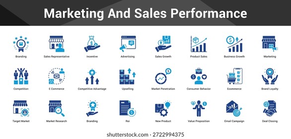 Desempenho de marketing e vendas Conjunto coeso de ícones vetoriais minimalistas que representam ideias-chave com clareza visual