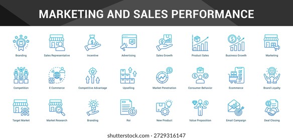 Desempenho de marketing e vendas Conjunto coeso de ícones vetoriais minimalistas que representam ideias-chave com clareza visual