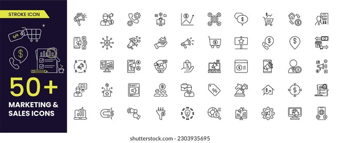 Marketing and sales related Vector Line Icons. Contains such Icons as Mail Marketing, Target Audience, Keywording, Product sales and more. Editable Stroke. 