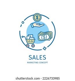 Marketing Sales Thin Line Icon Concept Include of Shopping Cart or Trolley and Money. Vector illustration