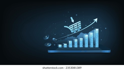 Marketing- und Verkaufsvolumenwachstum Zunehmende Trendkurve des Verkaufswachstums mit einem Warenkorb auf dunkelblauem Hintergrund. Ziel der Online-Errungenschaft von Unternehmen.