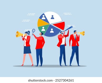 Marketing-Suche nach Kunden- oder Kundenkonzept, Geschäftsleute, die mit Fernglas und Megaphon suchen.Rekrutierung, Personalsuche nach Bewerbern, Einstellung von Mitarbeitern für offene Stellen