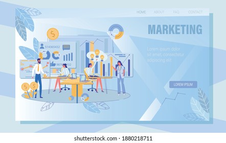 Marketing Searching, Planning, Strategy and Development. Online Service Landing Page with Analytics Team Brainstorming, Working on Advertising Campaign, Studying Social Media Activity, Sales Statistic