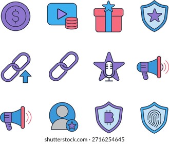 Marketing y Seguridad Icon Set, Promoción, Recompensas, Enlaces y Protección. Conjunto de iconos de Vector plano con conceptos de marketing, promoción, recompensas y seguridad. Video Incluye iconos de dinero, monetización, recompensa de regalo, escudo seguro, backlink, voz de influencer, anuncio de megáfono, perfil de usuario, protección de marca y autenticación de huellas dactilares. Ideal para marketing digital, redes sociales, branding, publicidad, ciberseguridad y diseño de UI UX.