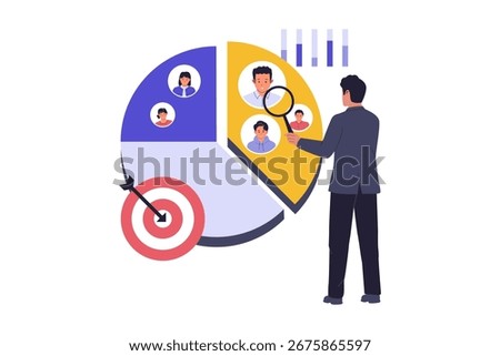 Marketing Segmentation and Audience Targeting. A Professional Analyzing a Pie Chart to Identify Specific Customer Groups and Develop a Focused Marketing Strategy. Flat Vector Illustration