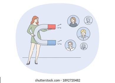 Marketing, selection, leadership concept. Young positive business woman human resources specialist cartoon character standing with magnet and selecting good candidates for company 