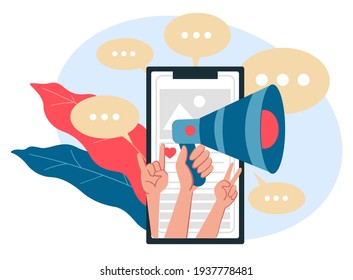 Marketing And Selling Products In Social Media And Networks. Smartphone Screen With Bullhorn And Hands, Likes And Account Page On Influencer. Promotion In Web And Trade. Vector In Flat Style