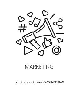 Marketing. SEM. Suchmaschinen-Marketing-Symbol des Megaphons mit Social-Media-Symbolen. Vector Website Promotion, Online-Werbung und SEO. Thin Line-Lautsprecher, Social Media wie, teilen und E-Mail-Zeichen