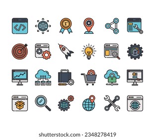 Marketing, conjunto de vectores de iconos de desarrollo SEO