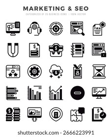 Marketing- und SEO-Elemente. Lineal Gefülltes Web-Icon-Set. Einfache Vektorgrafik.