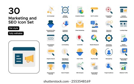 Marketing and SEO Flat Icon Set: Search Optimization, Analytics, Content Marketing, and Strategy Icons