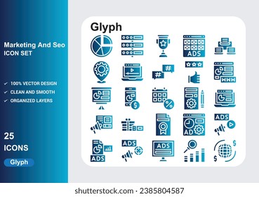 Marketing and seo glyph gradient blue Icons with White Background Free Vector