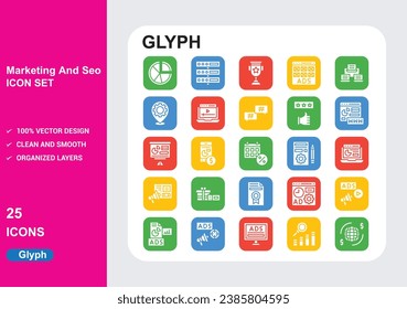 Marketing and seo glyph SQUARE COLOR Icons with White Background Free Vector