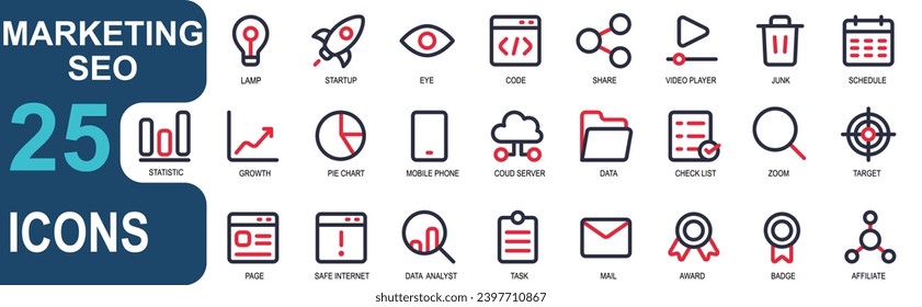 Marketing SEO Icon Set. Datenanalyst, E-Mail, Award, Badge, Affiliate.color line icon set.good vector for web and app