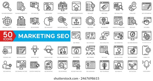 Marketing SEO icon set. Keyword Research, Link Building, Content Strategy, Search Engine Ranking, SEO Audit, Meta Tags, Analytics, Local SEO