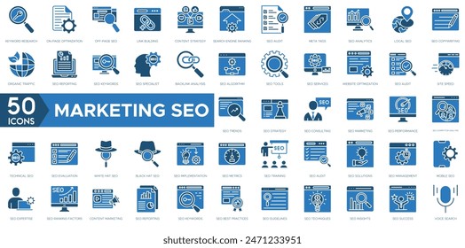 Conjunto de iconos SEO de marketing. Investigación de Palabra clave, Construcción de Enlaces, Estrategia de Contenido, Ranking de Motores de Búsqueda, Auditoría SEO, Meta Tags, Analítica, SEO Local