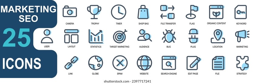 marketing and seo icon set, lineal color style, suitable for websites and apps