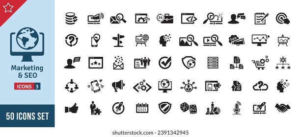 Marketing  SEO Icon Set. Search Engine Optimization, Advertising, Website, Business, Marketing, Traffic, Ranking, Optimization, Keyword  Many More. Solid Vector Icons Collection