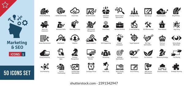 Marketing  SEO Icon Set. Search Engine Optimization, Advertising, Website, Business, Marketing, Traffic, Ranking, Optimization, Keyword  Many More. Solid Vector Icons Collection